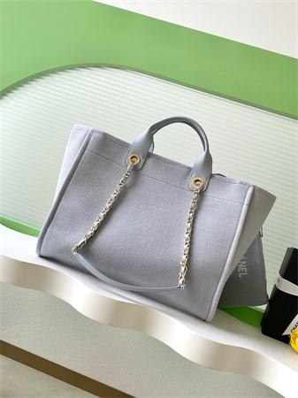 Chanel Deauville Large Shopping Bag Mixed Fibers Gold Tone Metal lt Grey A66941