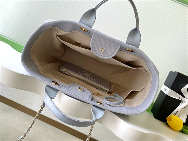 Chanel Deauville Large Shopping Bag Mixed Fibers Gold Tone Metal lt Grey A66941