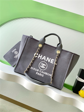 Chanel Deauville Large Shopping Bag Mixed Fibers Gold Tone Metal Grey A66941