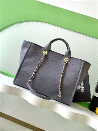 Chanel Deauville Large Shopping Bag Mixed Fibers Gold Tone Metal Grey A66941