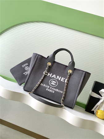 Chanel Deauville Small Shopping Bag Mixed Fibers Gold Tone Metal Grey AS3257