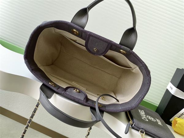 Chanel Deauville Small Shopping Bag Mixed Fibers Gold Tone Metal Grey AS3257