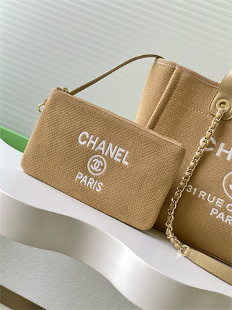 Chanel Deauville Small Shopping Bag Mixed Fibers Gold Tone Metal Dk Grey AS3257