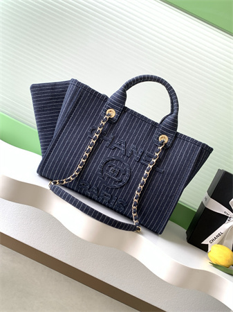 Chanel Deauville Small Shopping Bag Mixed Fibers Strip Gold Tone Metal AS3257