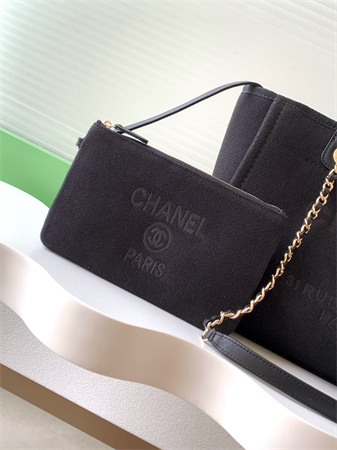 Chanel Deauville Small Shopping Bag Mixed Fibers Gold Tone Metal Black AS3257