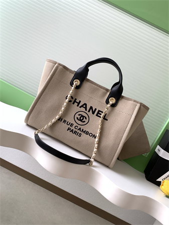 Chanel Deauville Small Shopping Bag Mixed Fibers Gold Tone Metal Beige AS3257