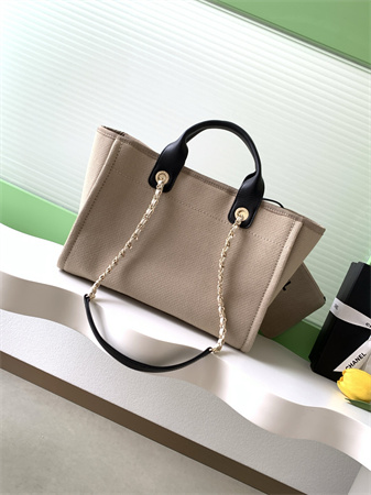 Chanel Deauville Small Shopping Bag Mixed Fibers Gold Tone Metal Beige AS3257