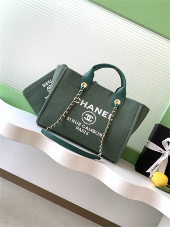 Chanel Deauville Small Shopping Bag Mixed Fibers Gold Tone Metal Green AS3257