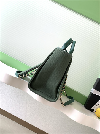 Chanel Deauville Small Shopping Bag Mixed Fibers Gold Tone Metal Green AS3257