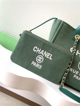 Chanel Deauville Small Shopping Bag Mixed Fibers Gold Tone Metal Green AS3257