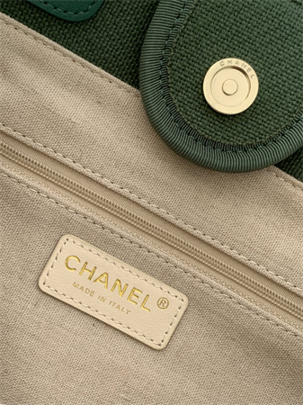 Chanel Deauville Small Shopping Bag Mixed Fibers Gold Tone Metal Green AS3257