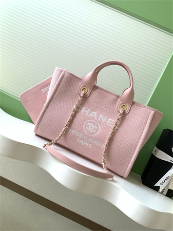 Chanel Deauville Small Shopping Bag Mixed Fibers Gold Tone Metal Pink AS3257