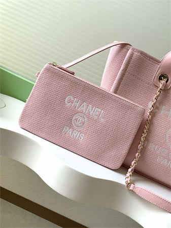 Chanel Deauville Small Shopping Bag Mixed Fibers Gold Tone Metal Pink AS3257